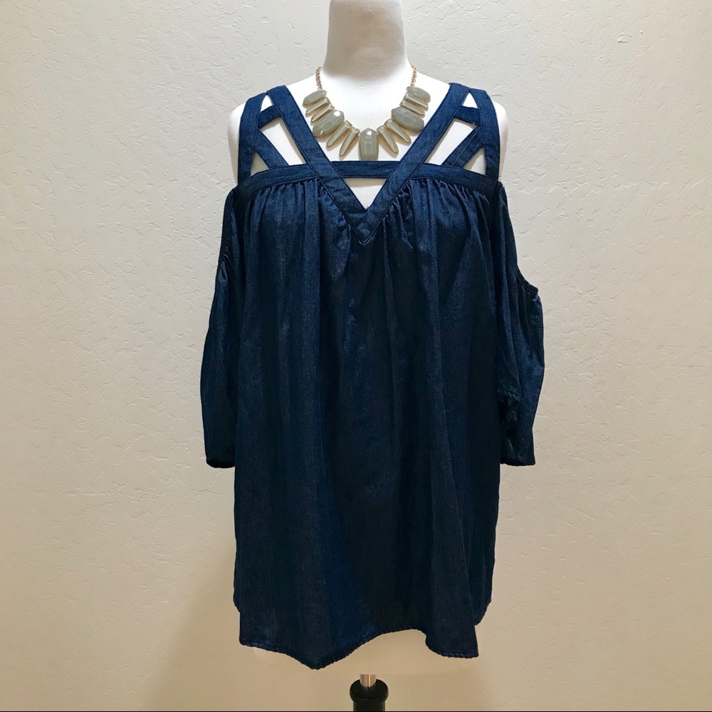 Mittoshop Denim Cold Shoulder Top
